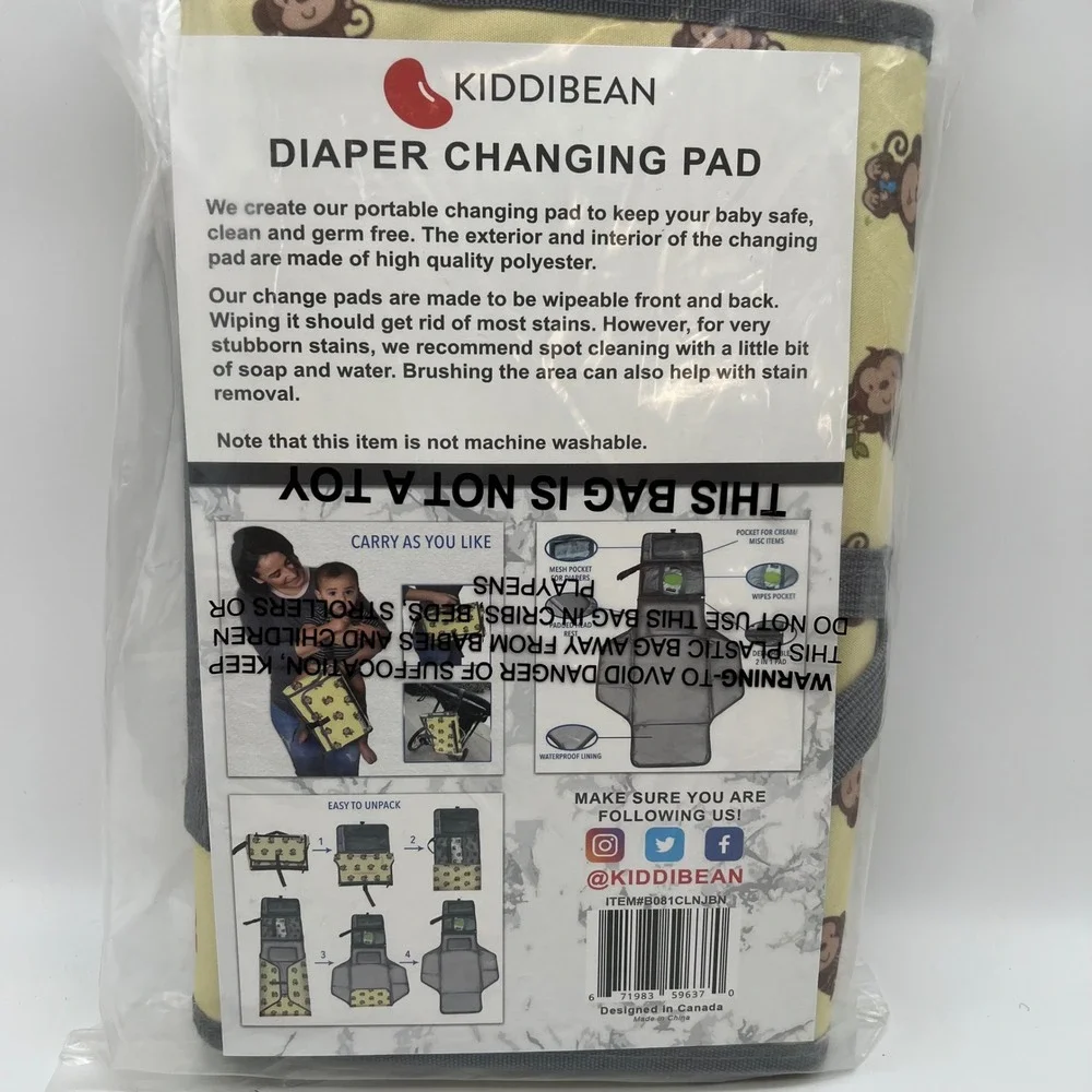 Kiddibean Diaper Changing Pad Unisex OS Yellow Monkey Print Portable Clutch New